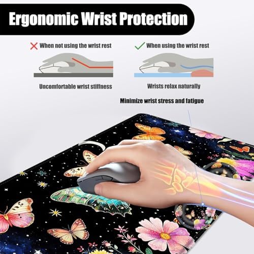 Mouse Pad,Large Desk Mat Set, 4in1 XL Mousepad + Keyboard Wrist Rest+Mouse Wrist Rest+Coaster with Ergonomic Desk Pad for Home Office Table Computer Cover -Butterfly Moon Flower - Image 5