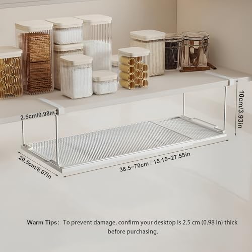 2 Pack Expandable Under Cabinet Shelf, Under Shelf Storage with 0.94 Inches Thick Clips for Kitchen Cupboard, Metal Hanging Under Desk Basket for Laundry Room, Cabinet, Shoe Rack - Image 3