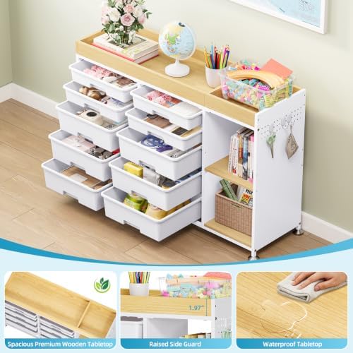 10 Drawer Storage Cabinet with Height-Adjustable Shelves & Wood Top, White - Image 4