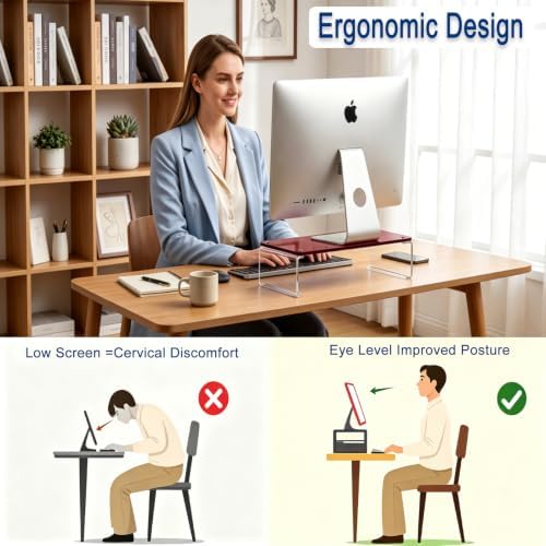 Acrylic Monitor Stand Riser L14" x H5" | Multi-Purpose Desk Organizer for Monitor & Laptop, Compatible with PC, Apple Studio Display and Printer, Ideal for Home Workspaces & Office Desks (Burgundy) - Image 5
