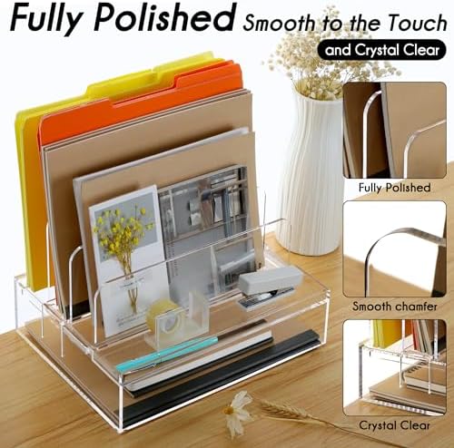DINGHUO Acrylic Desk Organizers and Accessories, Paper Letter Tray Organizer with 3 Vertical File Holder, Clear File Organizer for Desk Home Office Supplies -1 Pack - Image 5