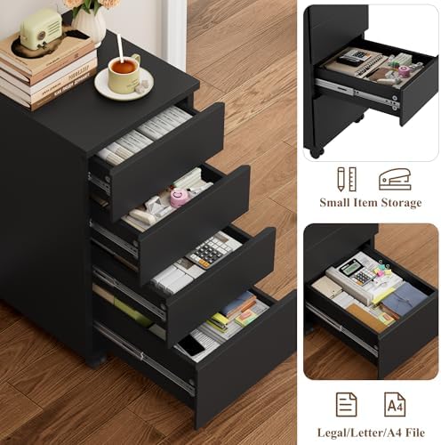 BOTLOG 4-Drawers Chest, Mobile Under Desk Drawer with Locking Casters, Wooden Printer Stand with Wheels, Rolling Craft Storage Cabinet for Home Office, Black - Image 4