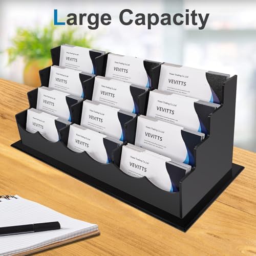 Vevitts Business Card Holder, Acrylic Business Card Display, Clear Desktop Business Card Stand for Exhibition, Home & Office Black 4 Tiers 12 Slots - Image 4