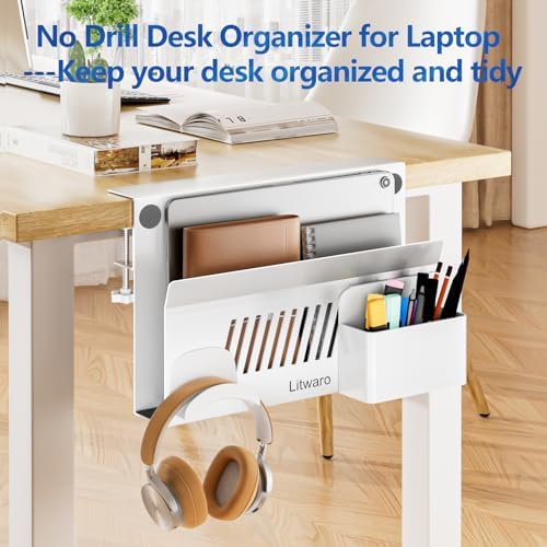 Litwaro Desk Side Storage Organizer, Under Desk Laptop Holder No Drill, Laptop Mount with Magnetic Pen Holder, Hanging Desk Organizer Fits Flat Edge Desks 0.4" to 2.1" (White) - Image 6