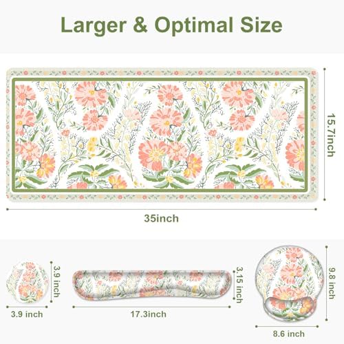Desk Mat, 4in1 Large Mouse Pad with Wrist Rest, Cute Desk Matt for Desktop, Deskpad Mat, Anti-Slip XXL Computer Ergonomic Mousepad with Wrist Support for Keyboard and Mouse I Elegant Daisy Florals - Image 3