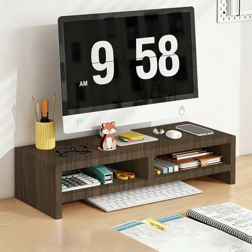Solid Wood Monitor Stand Riser & Laptop Stand Desk Organizer - Office Accessories for PC Workspace, Computer Organization, Countertop Hutch Light Brown Log 19.7x7.9x5.2in with divider by Unknown