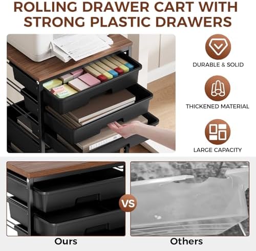 SYKIARIOL 5-Tier Rolling Cart with Drawers with Wooden Top, Black - Image 5
