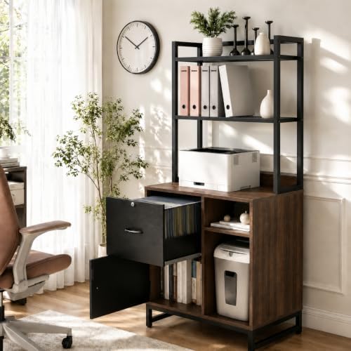 Homieasy Vertical Filing Cabinet with Bookshelf for Home Office, Walnut - Image 2