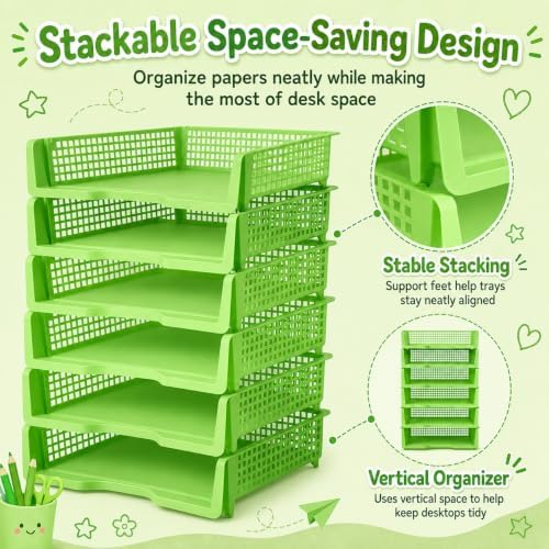 6 Pcs Green Turn in Trays Classroom, Stackable Paper Bins for Classroom, 13x9x2.8 inch Plastic Baskets Desktop Organization System Office (Green) - Image 4
