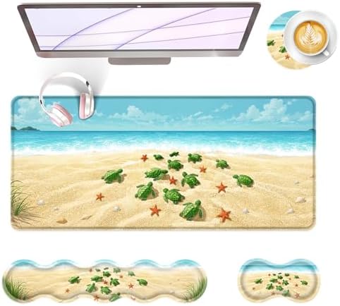 Large Keyboard Mouse Pad Set, Extended Mouse Pad+Keyboard Wrist Rest Support, Memory Foam Ergonomic Easy Typing, 4Pcs (31.5×11.8 in) Desk Pad Set for Office Home,Beach Turtles and Starfish by Unknown