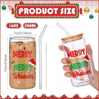 SiliFine 6 Pcs Christmas Glass Cups with Lid and Glass Straw 16 oz Holiday Iced Coffee Cup Xmas Can Shaped Beer Water Glasses Tumbler Christmas Appreciation Gifts for Xmas Party Favors - Image 3