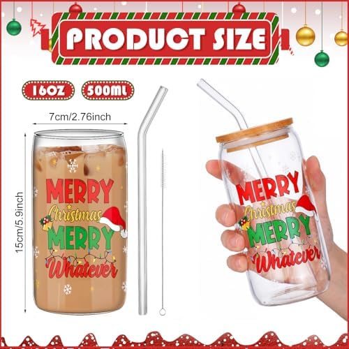 SiliFine 6 Pcs Christmas Glass Cups with Lid and Glass Straw 16 oz Holiday Iced Coffee Cup Xmas Can Shaped Beer Water Glasses Tumbler Christmas Appreciation Gifts for Xmas Party Favors - Image 3