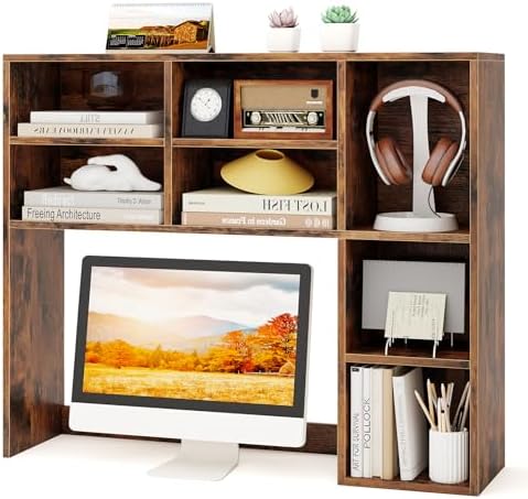 Tangkula Desktop Bookshelf, 37" Countertop Storage Hutch with 7 Cubes & 3 Adjustable Shelves, 3-Tier Desk Display Rack Organizer, Multipurpose Wood Desktop Hutch for Dorm Home Office (Rustic Brown) by TANGKULA