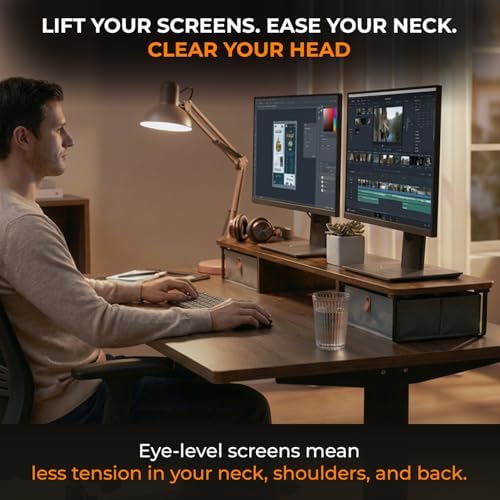 DuoStand Plus - 39” Dual Monitor Riser for Desk with 2 Drawers - Wood & Steel Double Monitor Stand with Storage - Desk Organizer Shelf for Desktop Computer, Laptop, TV & Printer (Rustic Wood) - Image 3