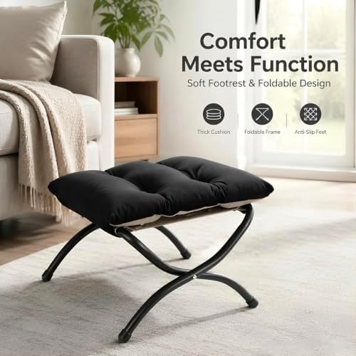15" Upholstered Folding Foot Rest Stool with Foldable Metal Frame Black - Image 2