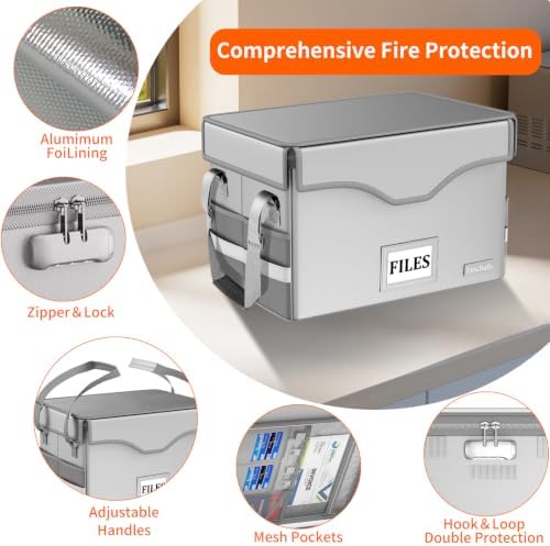 DocSafe 5200°F Fireproof Document Box with Lock,Heat Insulated File Organizer Storage with Pockets,Collapsible Portable Home Office Safe Box with Handle for Hanging Letter/Legal Folders,Silver - Image 4
