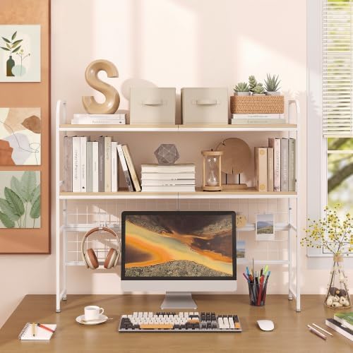 VECELO White 2-Tier Desktop Bookshelf, Metal Desk Hutch with Grid Panel, 45.3 Inch Wide Countertop Storage Organizer for Bedroom & Dorm - Image 3