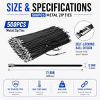 500PCS 11.8" Black 304 Metal Zip Ties,200LB Self-Locking Cable Ties - Image 2