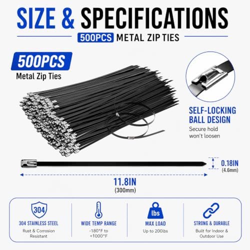 500PCS 11.8" Black 304 Metal Zip Ties,200LB Self-Locking Cable Ties - Image 2