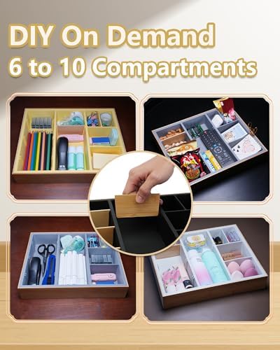 Office Drawer Organizer, Bamboo Desk Drawer Organizer with 4 Removable Dividers, Desk Organizers and Accessories with 10 Adjustable Compartments for Office Home Gray - Image 2