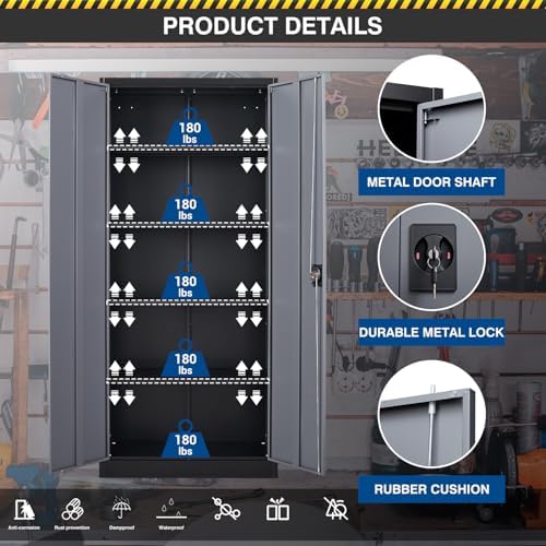 Fesbos Metal Storage Cabinet-72” Tall Steel File Cabinets with Lockable Doors and Adjustable Shelves-Black&Gray Steel Storage Cabinet for Kitchen, Office, Garage - Image 5