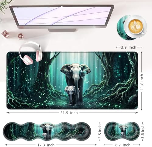 Large Keyboard Mouse Pad Set, Extended Mouse Pad+Keyboard Wrist Rest Support, Memory Foam Ergonomic Easy Typing, 4Pcs (31.5×11.8 in) Desk Pad Set for Office Home,Elephant Baby and Mom - Image 6
