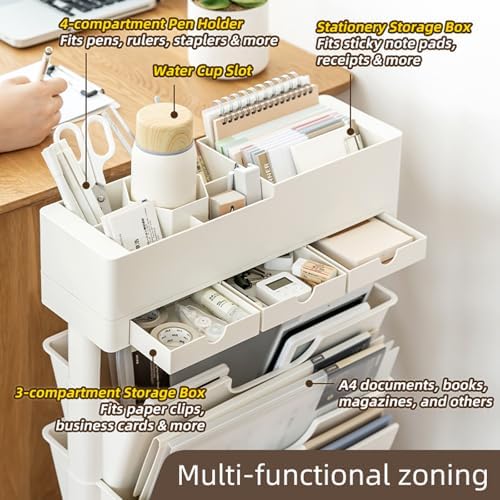 5 Tier Rolling Book Cart Multi-Functional Movable Storage Bookshelves - Image 4