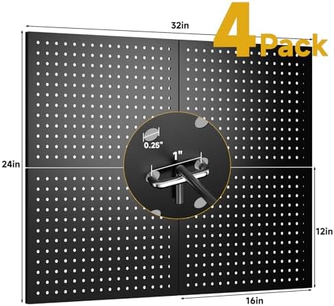 4-Pack Heavy-Duty Metal Pegboard Organizer Kit - 16"x12" Black Steel Wall Control Panels with 8 Hooks for Garage Tools, Craft Rooms, and Home Office Storage - Image 3