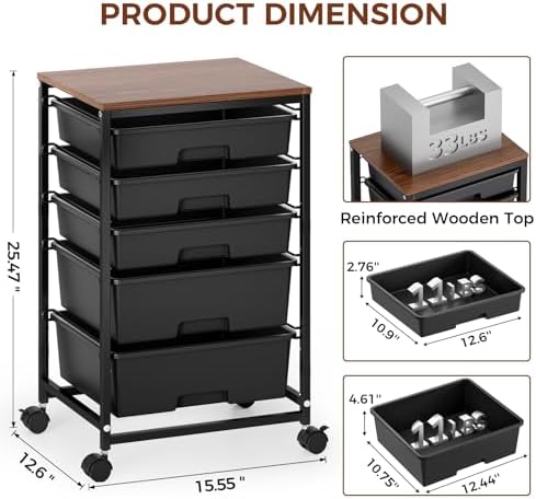 SYKIARIOL 5-Tier Rolling Cart with Drawers with Wooden Top, Black - Image 3