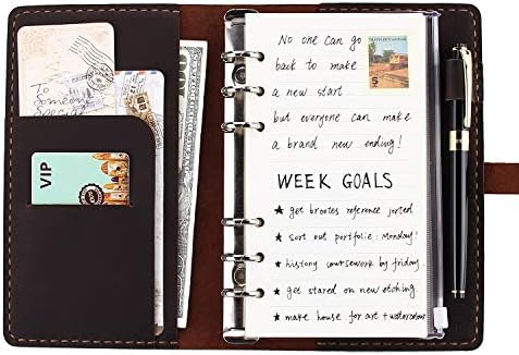 Genuine Leather Journal Writing Notebook, A6 Ring Binder Refillable Diary Notepads, Vintage Handmade Travel Organizer Agenda for Men Women - Coffee by Robrasim