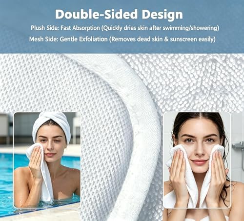 White Dual-Sided Microfiber Bath Towel, 2 Pack 48"x24" Ultra Absorbent Quick Dry Pool Towel, Exfoliating Body Cloth for Dead Skin & Sunscreen Removal, Lint-Free Reusable Shower Towel for Pool, Beach - Image 3