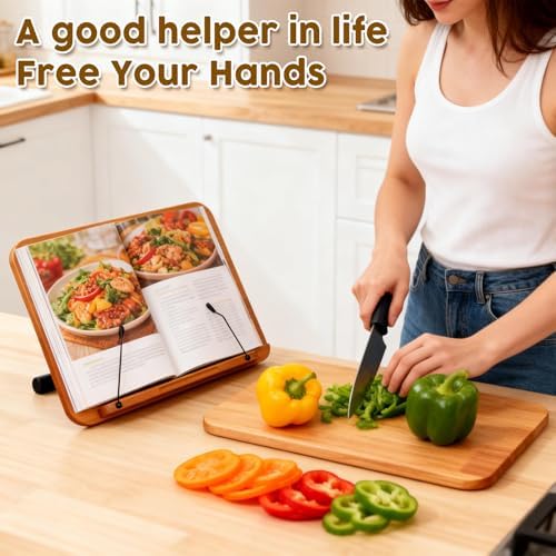 2 in 1 Dual-use Music Stand & Desktop Book Stand, Adjustable Height 16.5"-51", 100% Solid Wood Laptop Floor Stand Book Holder with Elastic Page Clips for Cookbooks (Brown with Tray) - Image 6