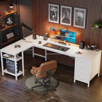 Huuger 63 Inch L Shaped Desk with Fabric Drawers, Reversible Computer Gaming Desk with Power Outlets and USB-C Port, Adjustable Side Storage Shelves, for Work Study Corner Home Office, White - Image 4