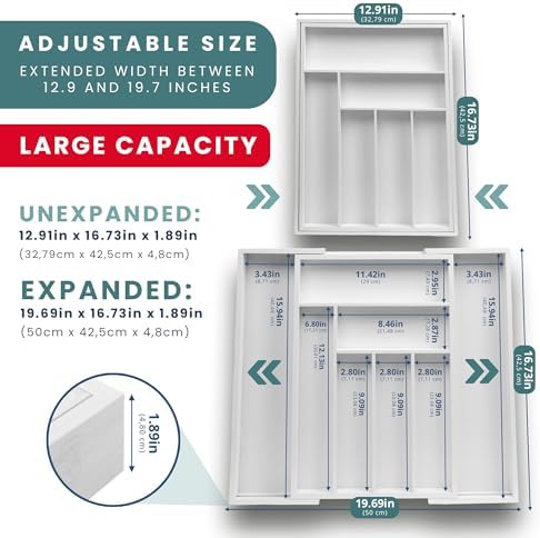 Sben Bamboo Cutlery Drawer Organizer, White, Large - Image 2
