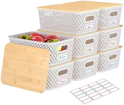 Anysig 8 Pack Plastic Storage Bins with Bamboo Lids, 5.2 QT Stackable Bins by AnysigOfficial