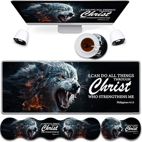 4 in 1 Mouse Pad Combo, Large Gaming Mouse Pad + Keyboard Wrist Support + Mouse Wrist Rest + Coaster, Table Pad 31.5 "x 11.8" with Memory Foam Ergonomic Wrist Pad Set, Ferocious Wolf by RVHOEZZM