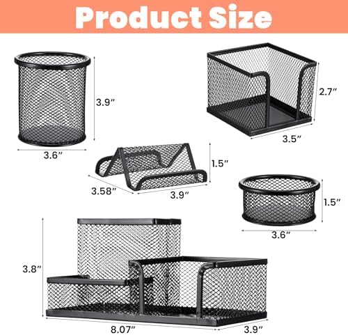 Black Mesh Pen Holder for Desk Pencil Holders 5 Pieces Desk Organizer Office Supplies Caddy with Sticky Notes Holder for Office Home - Image 2