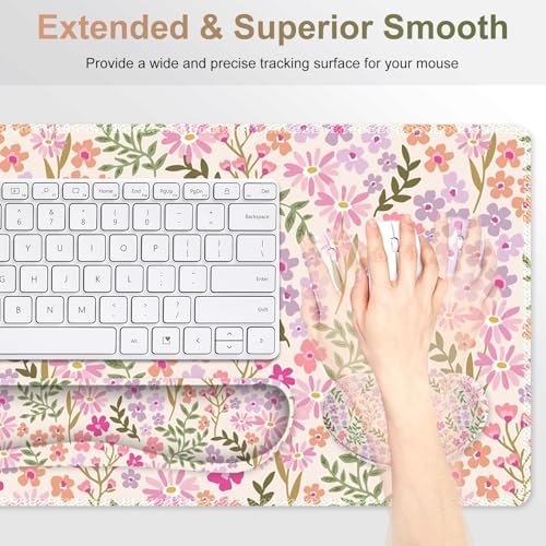 Large Gaming Mouse Pad Set, Ergonomics Keyboard Desk Mat with Memory Foam Wrist Rest, Computer PC Extended Game Mousepad, Non-Slip Desk Matt Easy Typing Pain Relief I Artistic Colroful Flowers - Image 4