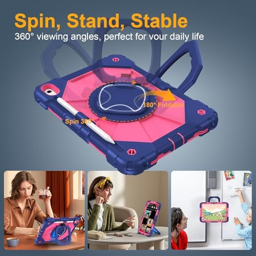 Case for iPad (A16) 11th/10th Generation 11/10.9 Inch 2025/2022, Ubearkk for iPad a16 case with Screen Protector, 360 Degree Rotating Stand Shoulder Strap Pencil Holder,Navy Pink - Image 4
