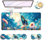 Large Keyboard Mouse Pad Set, Extended Mouse Pad+Keyboard Wrist Rest Support, Memory Foam Ergonomic Easy Typing, 4Pcs (31.5×11.8 in) Desk Pad Set for Office Home,Flowers and Butterflies by Unknown