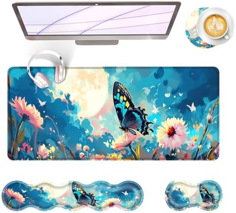 Large Keyboard Mouse Pad Set, Extended Mouse Pad+Keyboard Wrist Rest Support, Memory Foam Ergonomic Easy Typing, 4Pcs (31.5×11.8 in) Desk Pad Set for Office Home,Flowers and Butterflies by Unknown