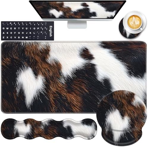 Mouse Pad,Large Pink Desk Mat, 4in1 XXL Mousepad + Keyboard Wrist Rest+Mouse Wrist Rest+Coaster Set with Ergonomic Desk Pad for Home Office Table Computer-Cute Cowhide Brown Black Cow by CICPLKSE