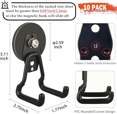ULIBERMAGNET New Upgraded Large Magnetic Hooks,Strong Heavy Duty Magnet Hooks for Power Drill,Broom,Garden Tools, Pegboard, Garage, Workshop,Hardware, 10 Pack Magnet Storage Holder for Hanging(Black) - Image 2