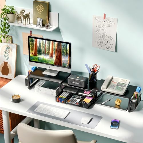 Simple Trending Dual Monitor Stand with Drawer and 2 Pen Holders, Black - Image 2