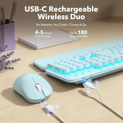 Wireless Keyboard and Mouse Combo, Backlit Round Keycaps, Glowing Blue - Image 5