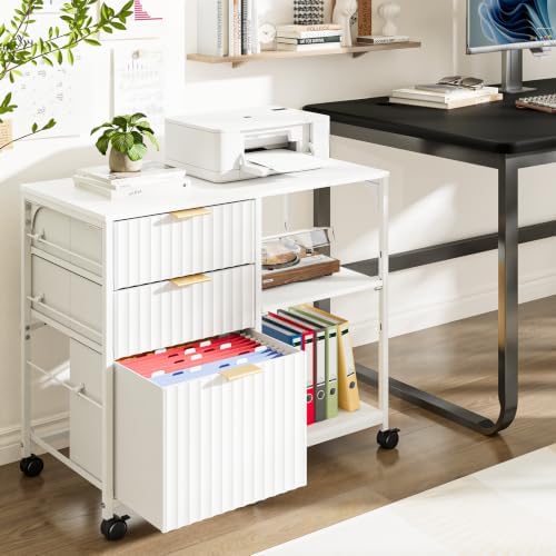 VINGLI 3 Drawer Mobile File Cabinet Printer Stand, Fluted Filing Cabinet with Open Storage Shelves Adjustable, Rolling Lateral Fabric Filing Cabinet for Home Office, Fits Letter Size, White - Image 2
