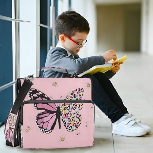3-Ring Zipper Binder with Shoulder Strap Zip-Up Expanding File Folder Organizer Storage Fireproof Accordion Trapper Keeper Home School Office Three Butterfly (Pink Butterfly) - Image 6