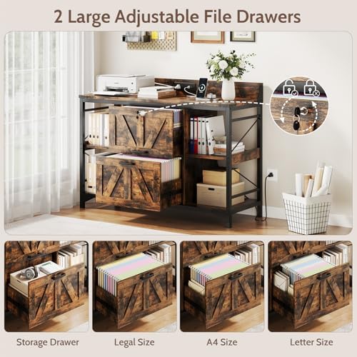 44" File Cabinet, Lateral Filing Cabinet for Home Office with 2 Drawers, Office Storage Cabinet with Lock and Key, Wooden Printer Stand with 4 Storage Shelves, Power Outlets, Bookshelf, Rustic Brown - Image 3