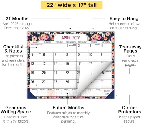 Desk PAD: 22" x 17" Large Print Desk Pad Calendar, APR 2026 - DEC 2027, 21 Months, (Small Navy Floral) - Image 2