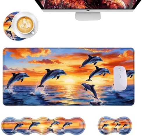 Mouse Pad,Large Desk Mat Set, 4in1 XL Mousepad + Keyboard Wrist Rest+Mouse Wrist Rest+Coaster with Ergonomic Desk Pad for Home Office Table Computer Cover -Dolphin Jumping Ocean Sunset Beach by Unknown